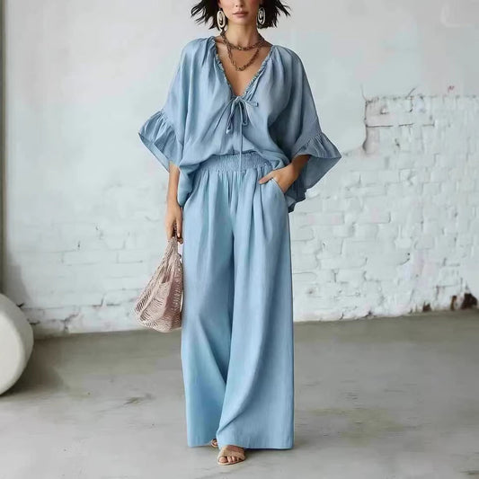 Loose-fit Cotton-linen V-neck Wide-leg Pants Two-piece Set 