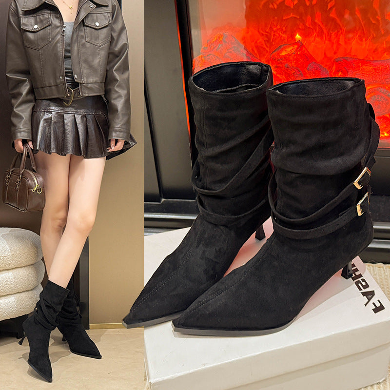 Fashionable And Versatile Pointed Toe Stiletto Heel Suede French Slim Ankle Boots 