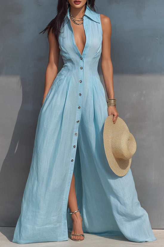High-waisted Lapel Shirt-style Maxi Dress 