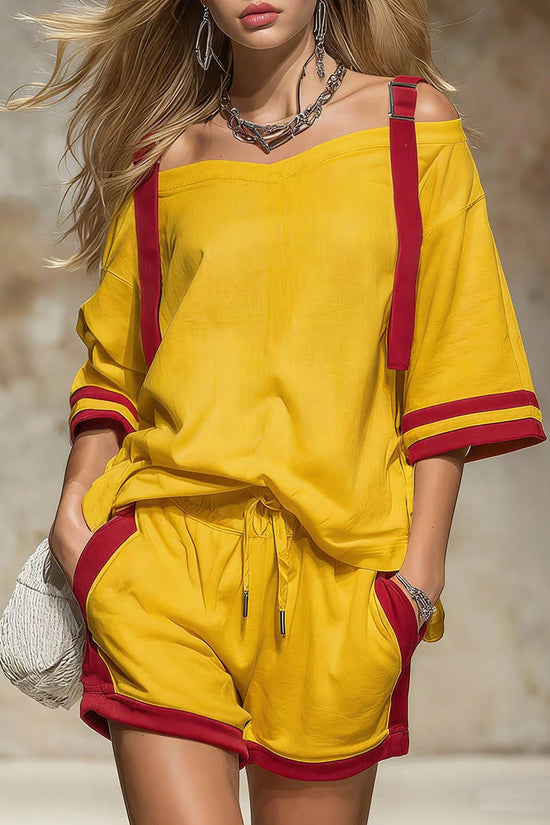 Summer Contrast-Colored Women's Patchwork Casual Shorts Set 