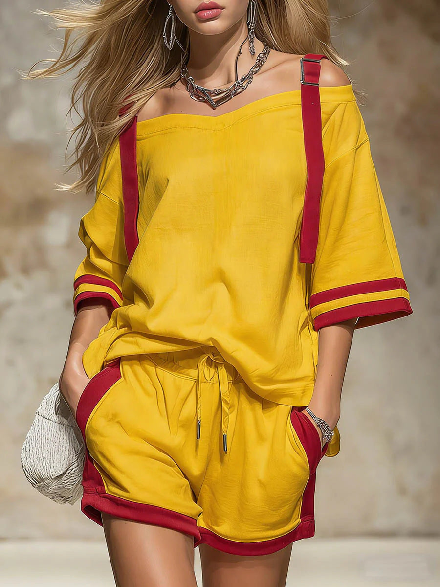 Summer Contrast-Colored Women's Patchwork Casual Shorts Set 