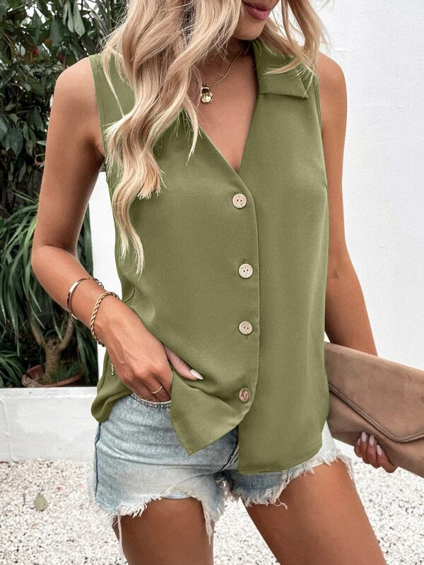 Women's Solid-Color Sleeveless Loose Vest Top – Button Detail 