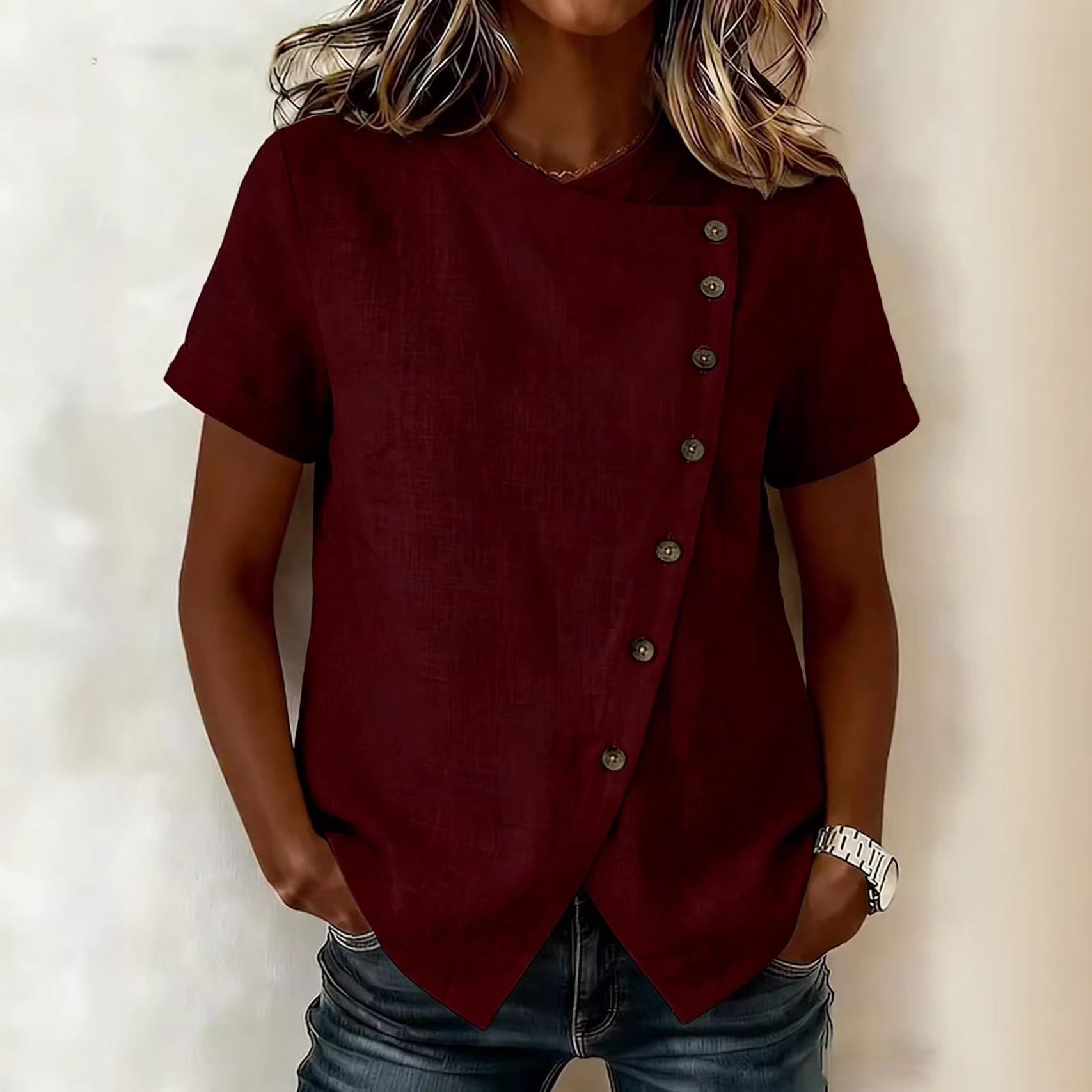 New Solid-Color Cross-Neckline Short-Sleeve Loose Cotton-Linen Asymmetrical Top 