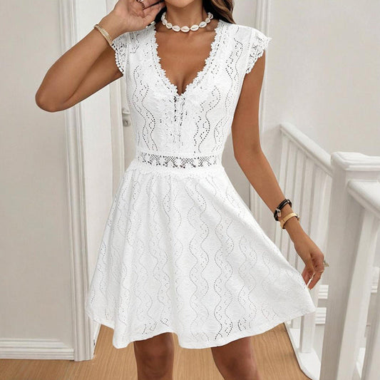 Women's V-Neck Solid Color Short Sleeve Dress With Lace Trim - Summer Sexy Vacation Dress CJ US