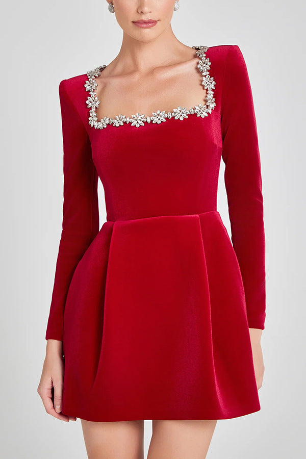 Christmas Elegant Square Neck Long-sleeved Dress With Flowers Rhinestone Design Fashion A-line Short Dresses Spring Clothing For Women CJ