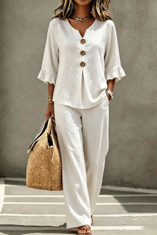 Womens V-neck Ruffle Three-Quarter Sleeve Top And Pants Two-Piece Set 