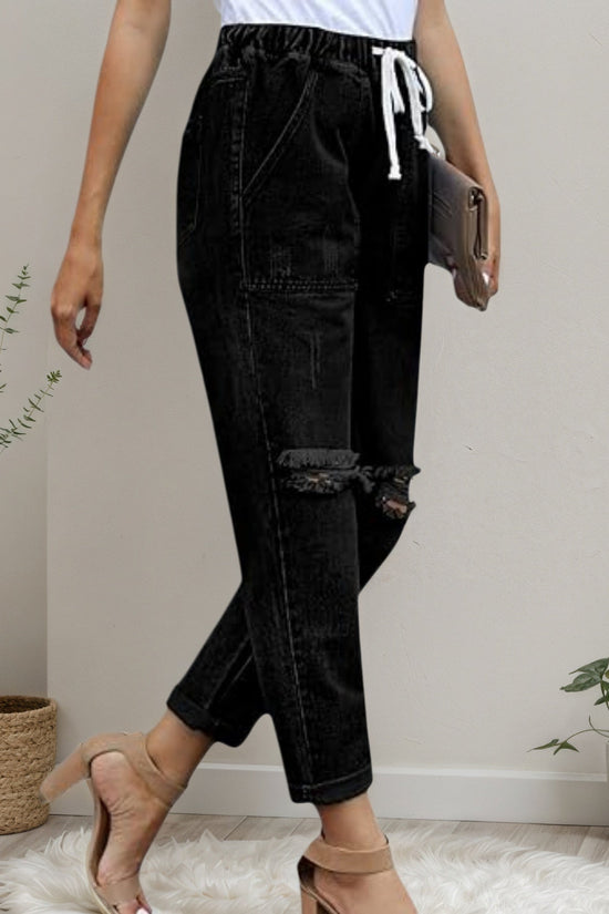 2025 New Women's Casual Set Wearing Distressed Stretch Jeans, Elastic Waisted Jeans, Denim Jogging Pants CJ US