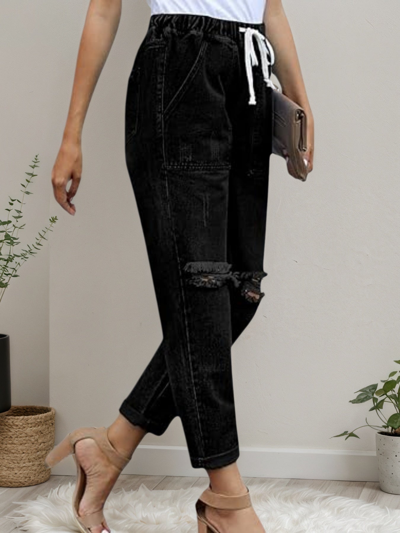 2025 New Women's Casual Set Wearing Distressed Stretch Jeans, Elastic Waisted Jeans, Denim Jogging Pants CJ US