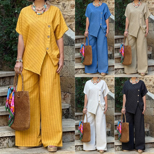 Striped Short-sleeve Shirt And Loose-fitting Pants Two-piece Set 