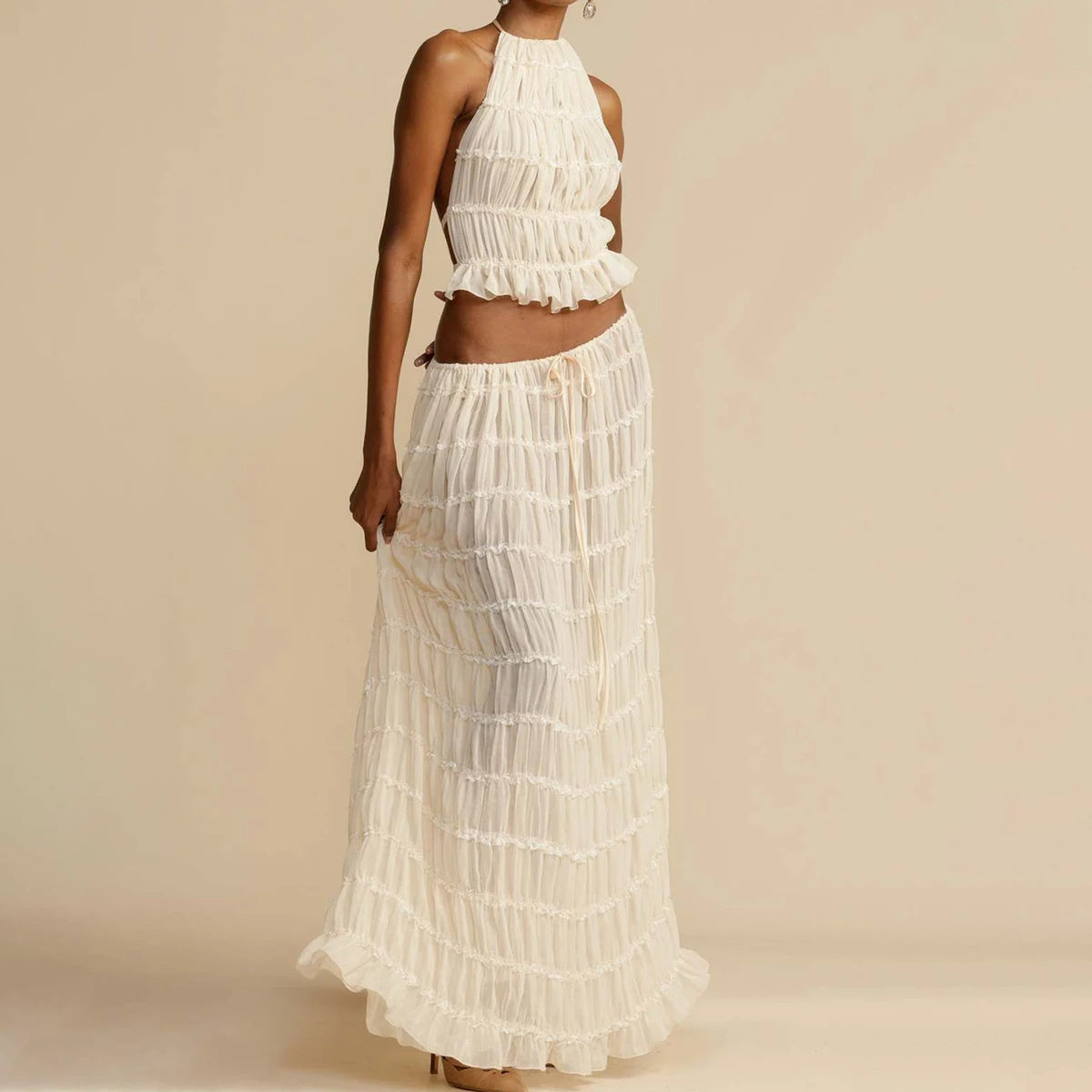 2pcs Women's Dress Suit Sexy Sleeveless Backless Cropped Halter Top And Pleated Long Skirt Beach Clothing FitiqueFit