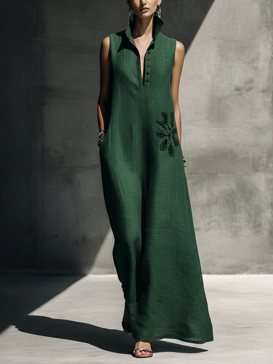 Heat-transfer Graphic Pocket Casual Mandarin-collar Cotton-linen Dress 
