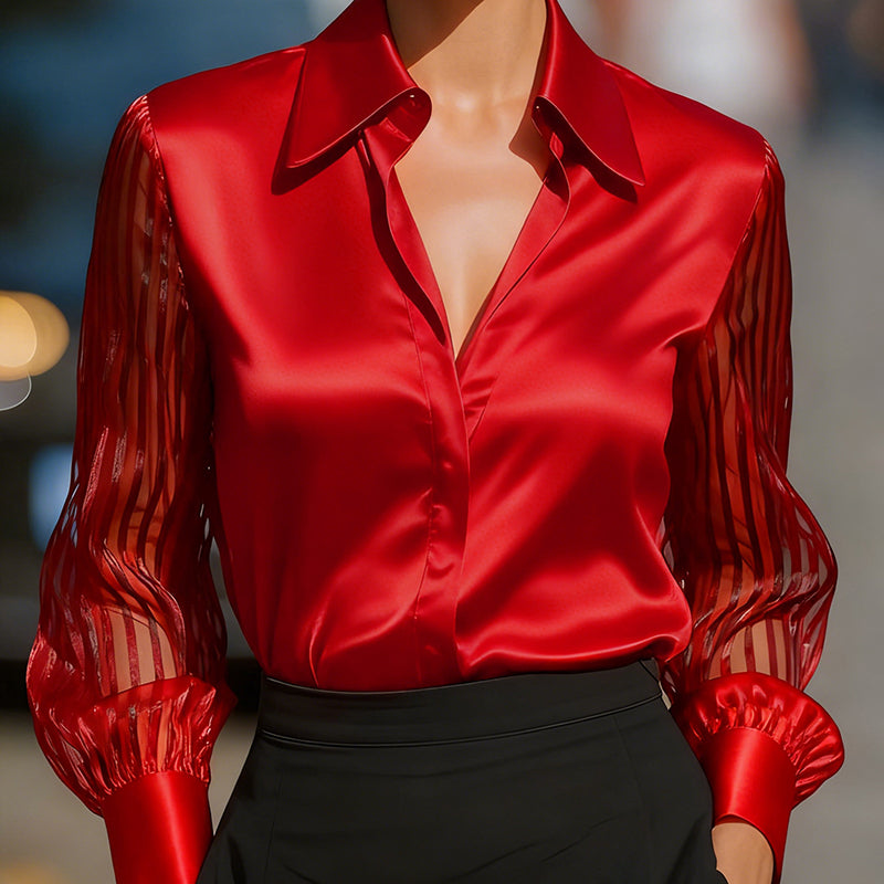 Elegant Women's Satin Blouse - Classic Lapel Collar, Sheer Long Sleeve, Button-Down Shirt With Smooth Flowy Design For Spring & Autumn Office Wear 