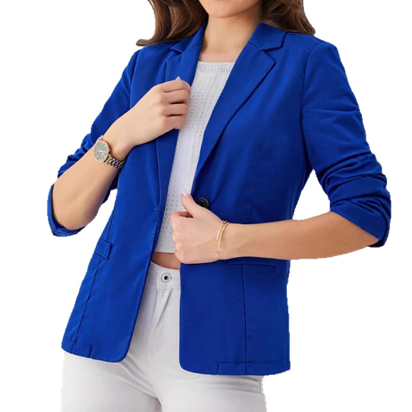 Three-quarter-sleeve Pleated Slim-fit Womens Office Blazer 