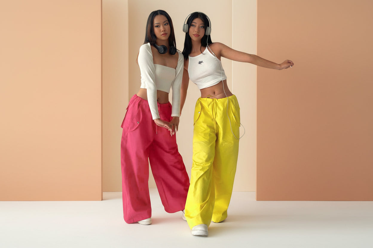 Solid-color Lace-up Loose-fitting Straight-leg Work Pants 