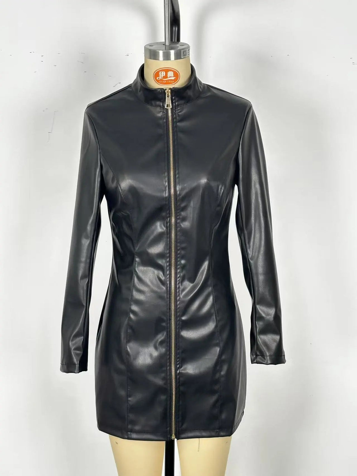 Women's Leather-Look Zip-Front Stand-Collar Mini Dress 