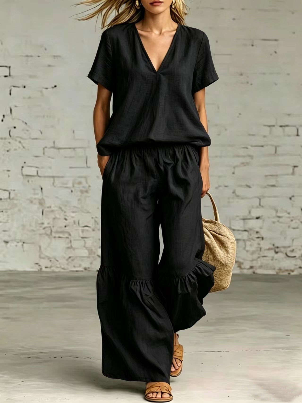 Womens Casual Solid Color V-Neck Loose Short-Sleeve Pants Set 