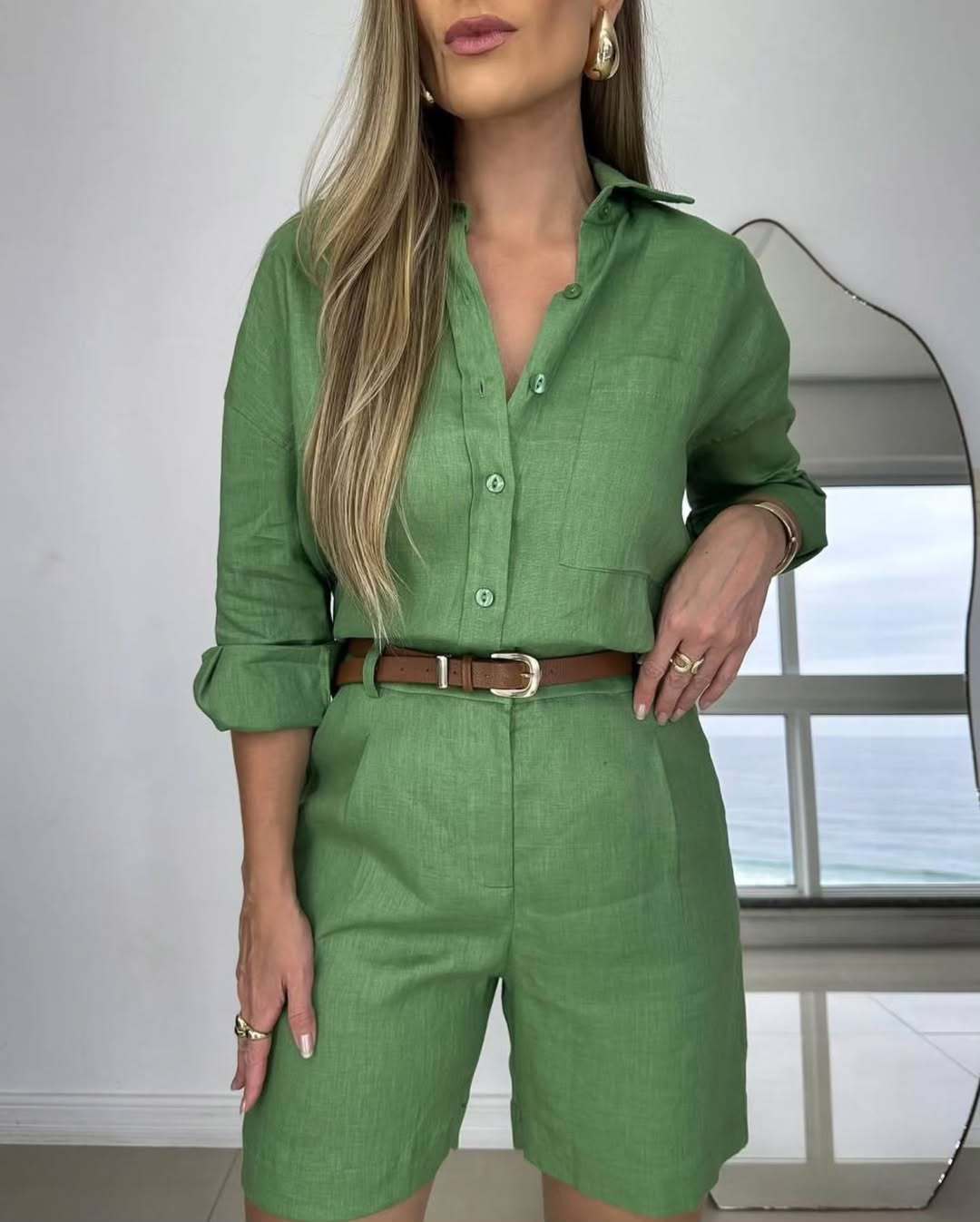 Casual Long-Sleeve Shirt And Shorts Womens Set 