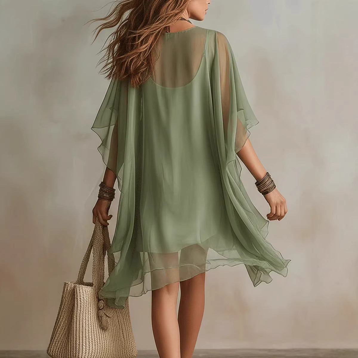 V-neck Chiffon Loose-fitting Resort Blouse And Beach Skirt 