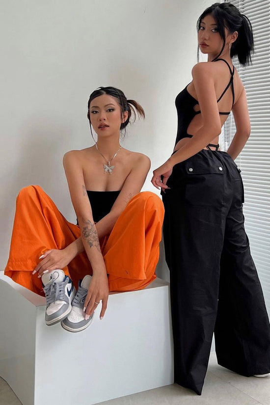 Solid-color Lace-up Loose-fitting Straight-leg Work Pants 