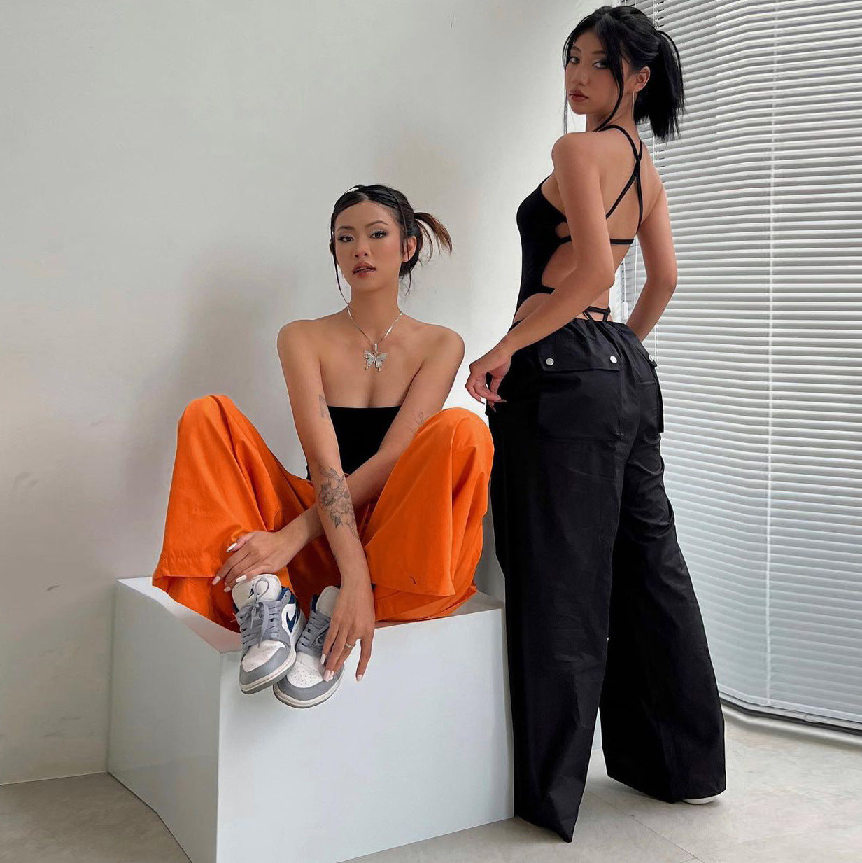 Solid-color Lace-up Loose-fitting Straight-leg Work Pants 