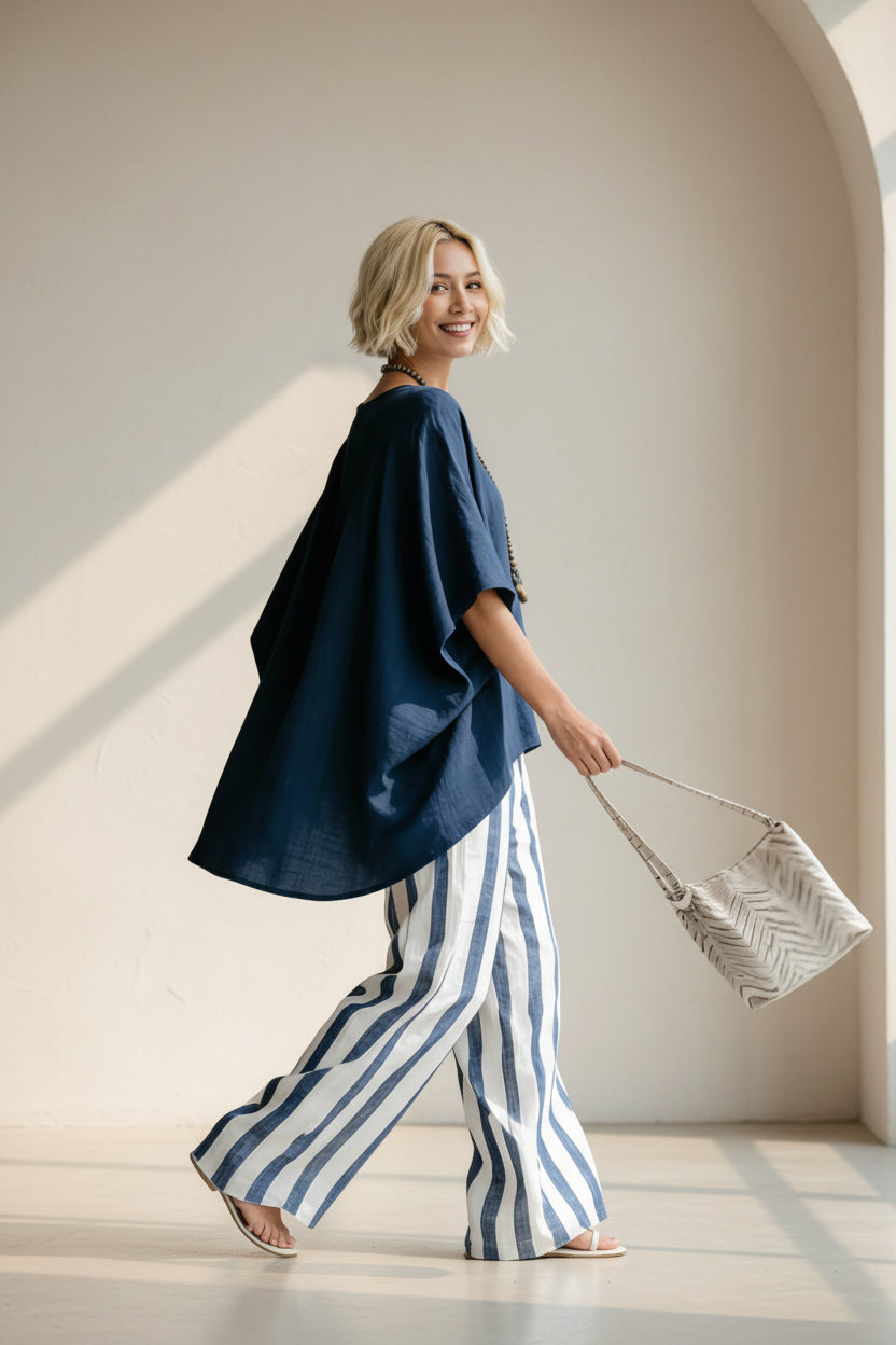 New Striped Batwing-Sleeve Loose Cotton-Linen Two-Piece Set 
