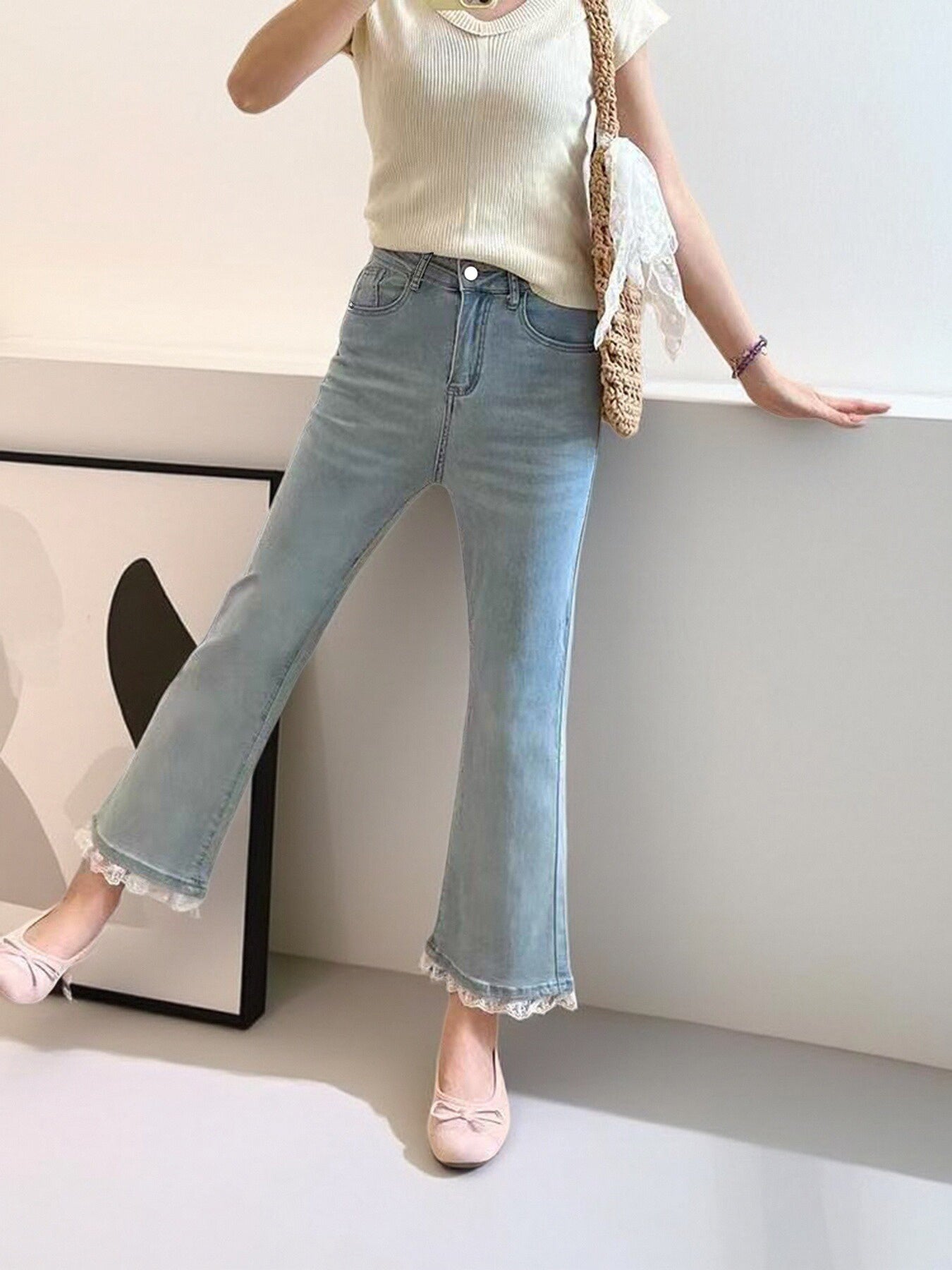 Light Blue Micro-Flare Lace Stretch Jeans for Women CJ US