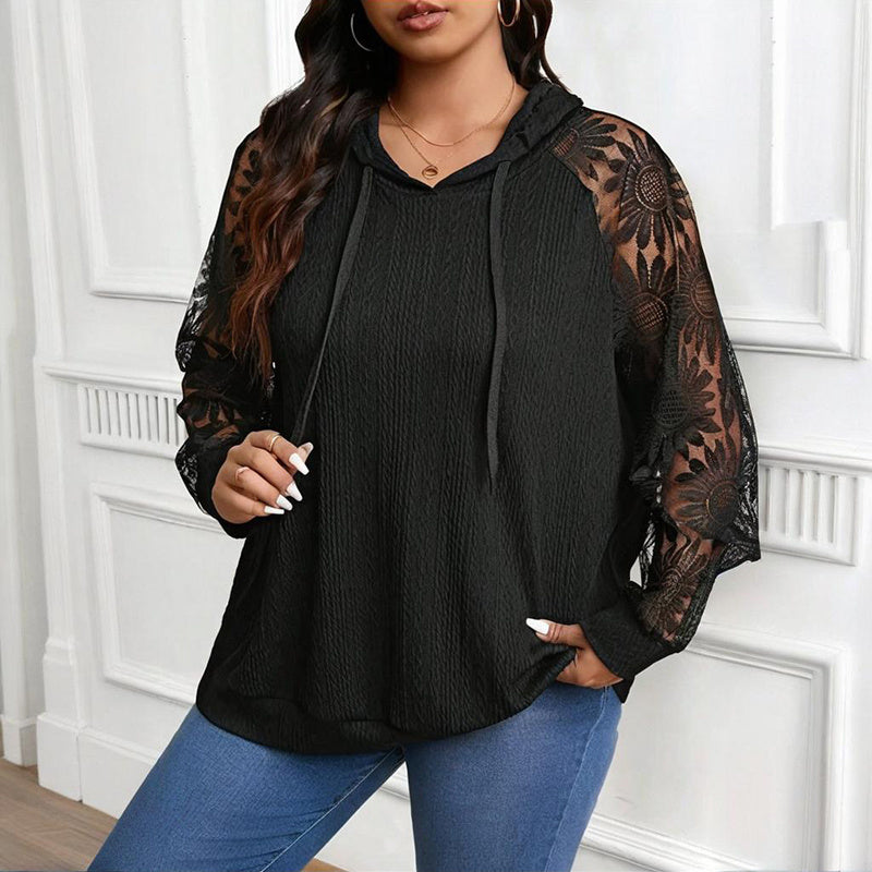 Women's Plus Size Hoodie Lace Long Sleeve Pullover Top, Fall Casual Drawstring Sweatshirt CJ US