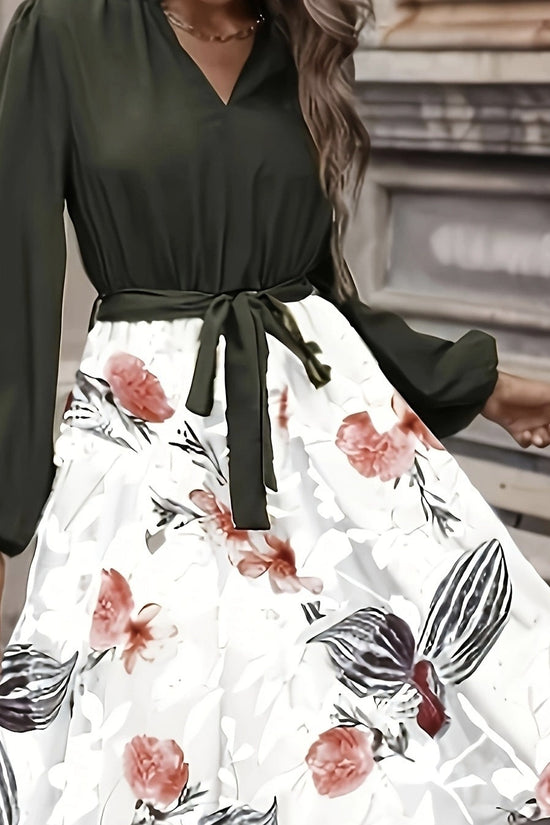 Ladies' Fashion Printed V-neck Waist Strap Casual Dress CJ