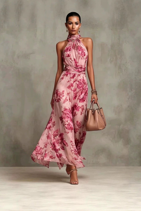 Neck-hanging Printed Chiffon Maxi Dress 