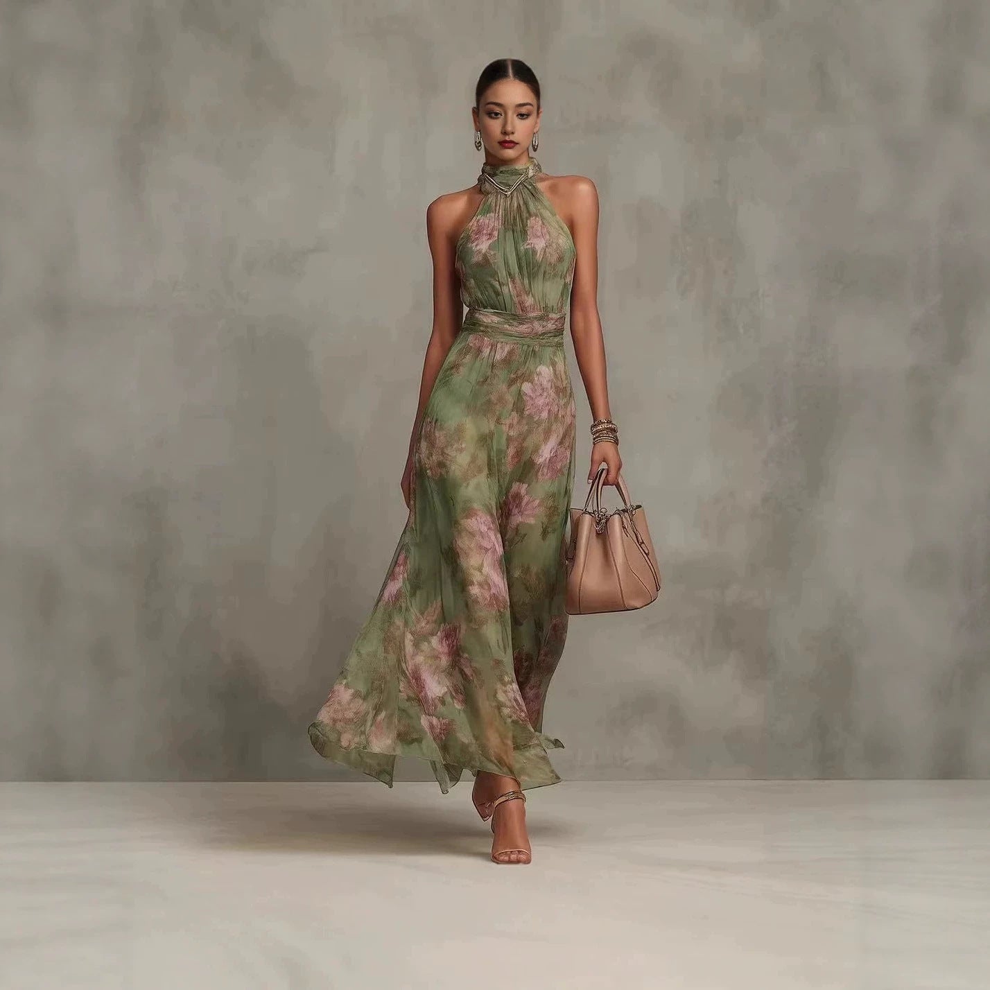 Neck-hanging Printed Chiffon Maxi Dress 