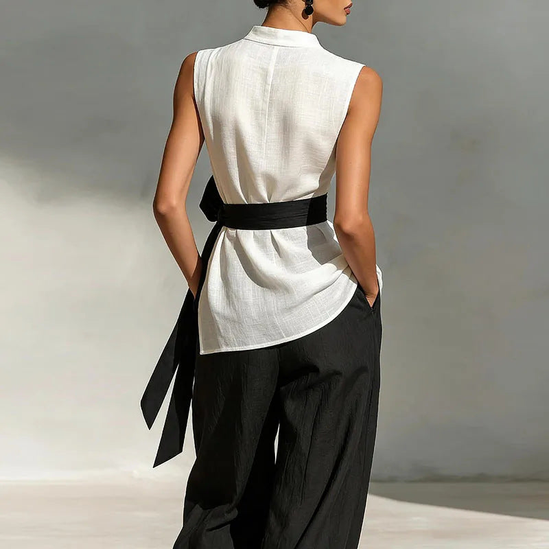 Womens Lace-Up Sleeveless Top And Wide-Leg Pants Two-Piece Set 