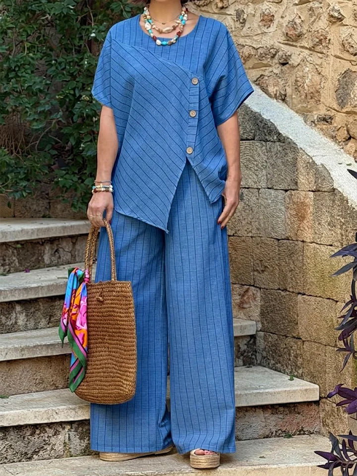 Striped Short-sleeve Shirt And Loose-fitting Pants Two-piece Set 
