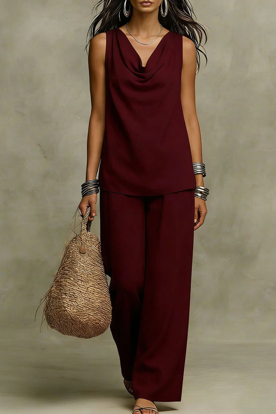 Womens Slash-Neck Sleeveless Tank Top And Casual Pants Set 