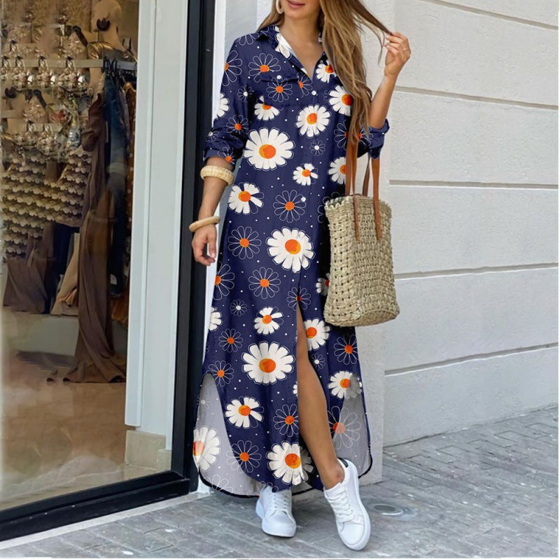 Lapel-collar Long Shirt Dress For Women 