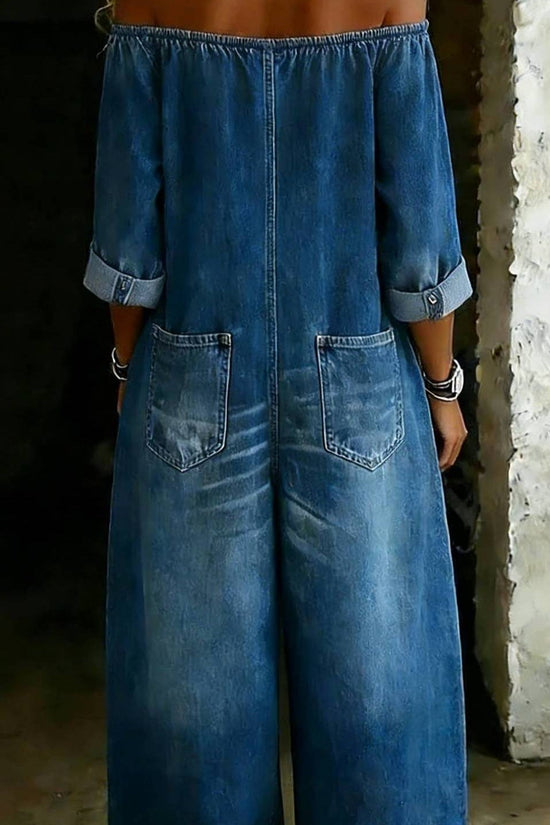Single-breasted Off-shoulder Washed Faux Denim Jumpsuit 