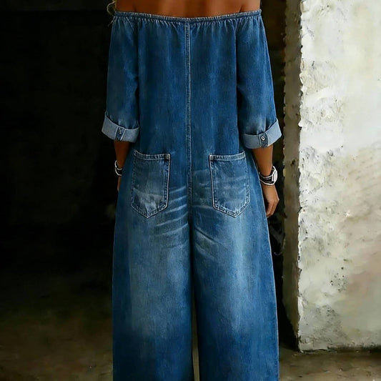 Single-breasted Off-shoulder Washed Faux Denim Jumpsuit 