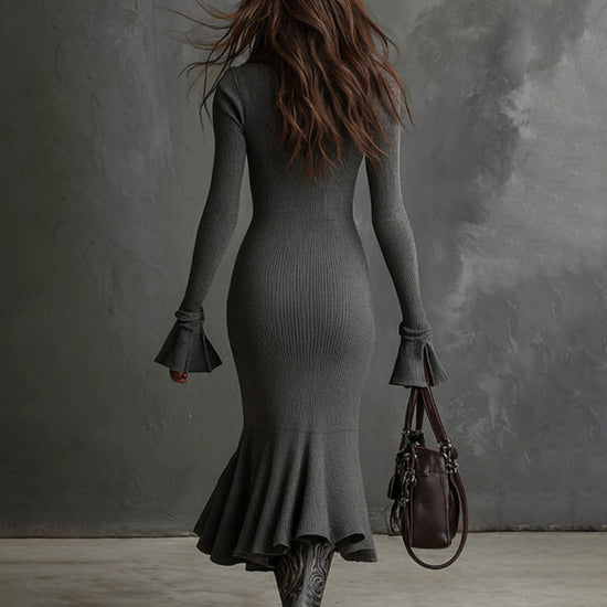 Women's Half Zip Bodycon Dress - Flared Sleeve & Fishtail Hem Long Sleeve Dress 