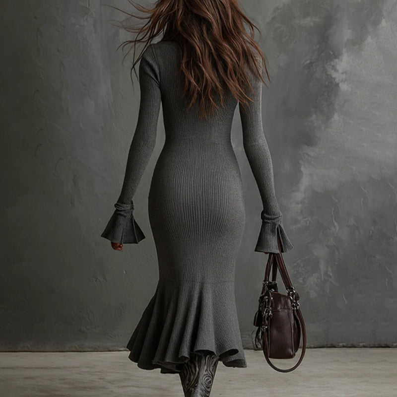 Women's Half Zip Bodycon Dress - Flared Sleeve & Fishtail Hem Long Sleeve Dress 
