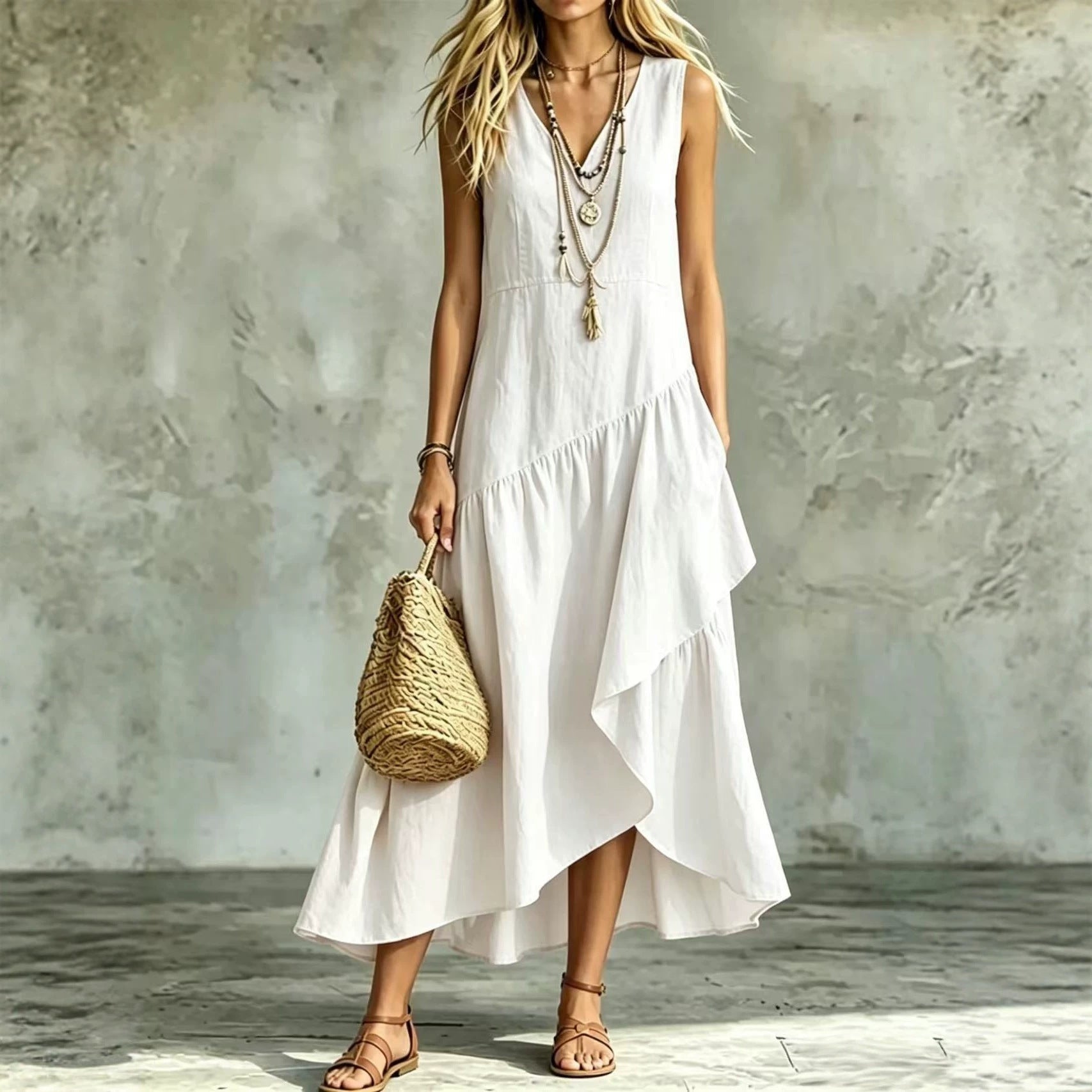 Women's Casual Solid-Color Loose Sleeveless Dress 