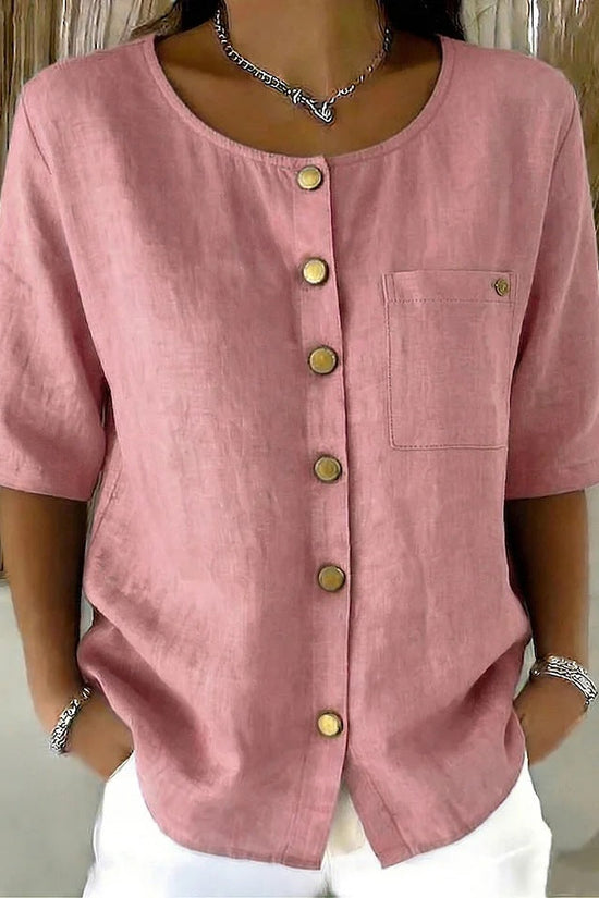 Womens Crew-Neck Shirt With Metal Buttons And Three-Quarter Sleeves 