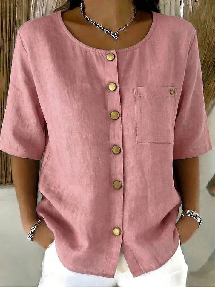 Womens Crew-Neck Shirt With Metal Buttons And Three-Quarter Sleeves 