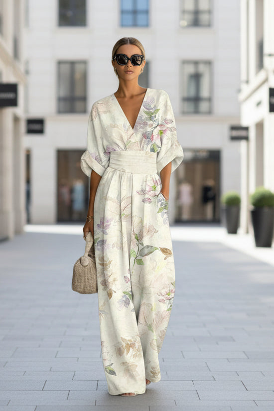 Waist-cinched V-neck Printed Womens Jumpsuit 