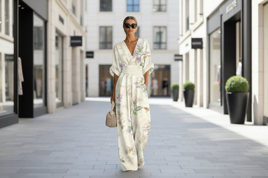 Waist-cinched V-neck Printed Womens Jumpsuit 