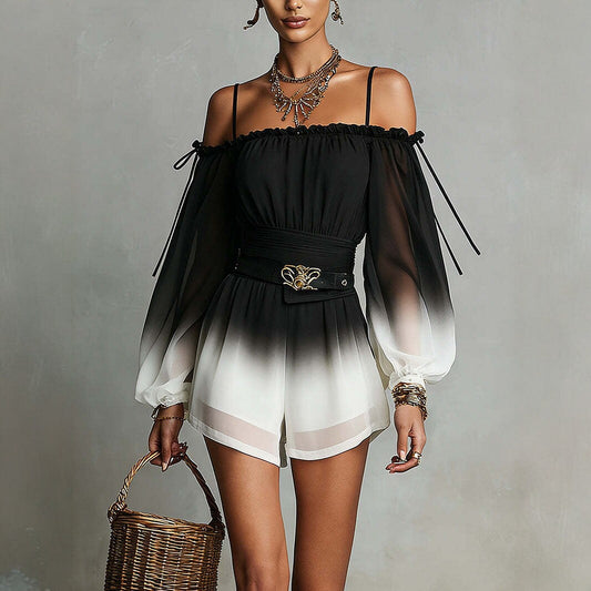 Off-Shoulder Ombre Jumpsuit Womens Summer Sexy Bandage Waist-Fitted Fashionable Shorts With Belt 