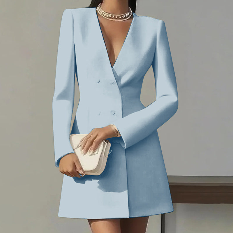 Women's Solid Color Deep V-Neck Dress Button Front A-Line Midi Dress For Formal Occasions CJ US