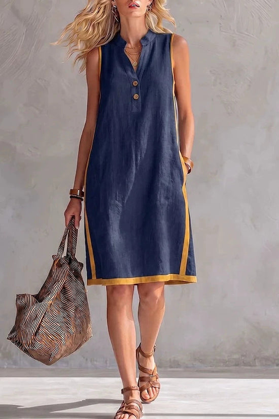Sleeveless V-neck Pocketed Button Casual Dress 