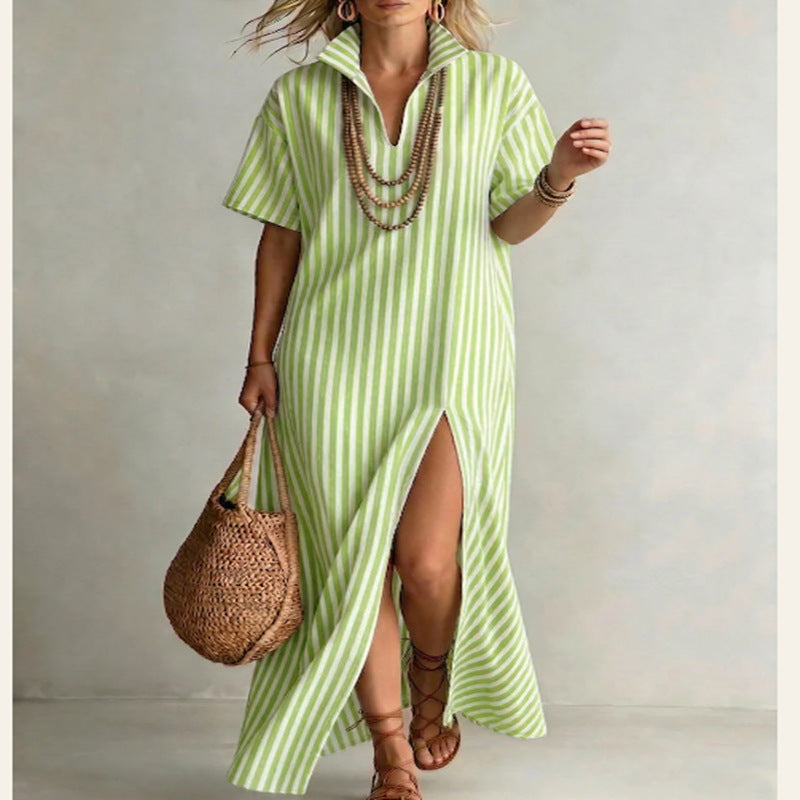 Womens V-neck Short-sleeve Striped Slit Cotton-Linen Dress 