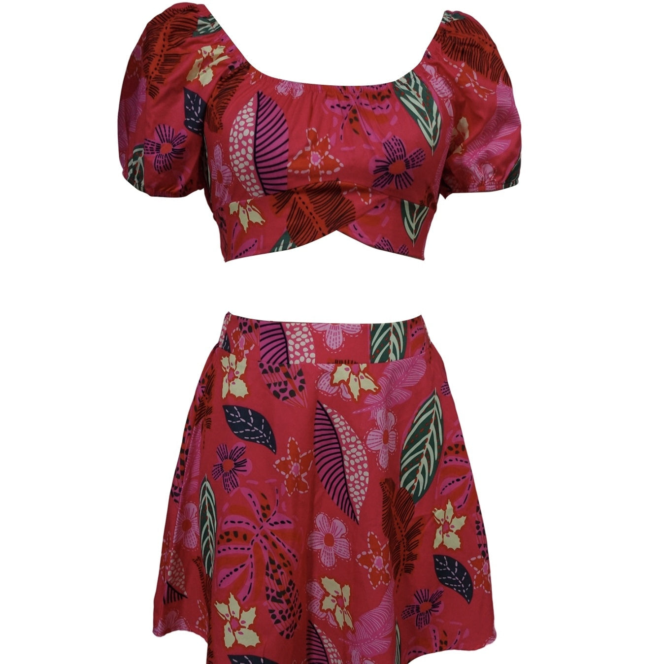 Flower Print Bubble Sleeves With Exposed Navel Short Top, Pleated Short Skirt Set CJ US