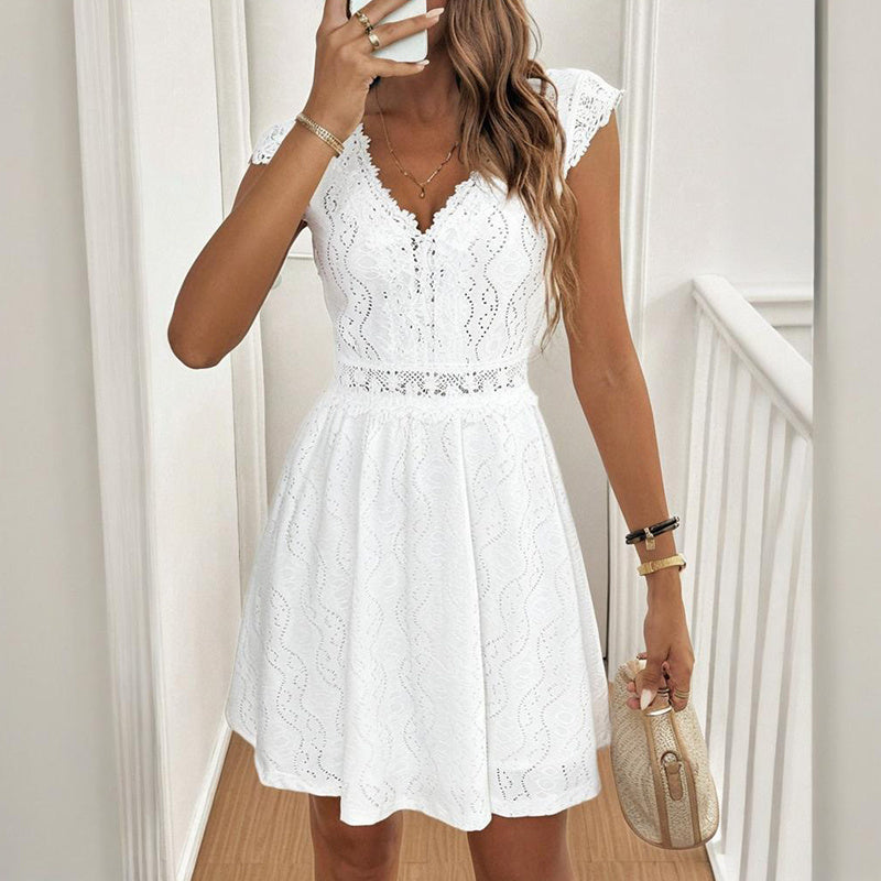 Women's V-Neck Solid Color Short Sleeve Dress With Lace Trim - Summer Sexy Vacation Dress CJ US