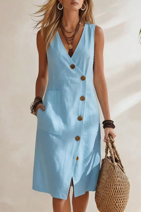Resort-style V-neck Sleeveless Asymmetrical-button Midi Dress 